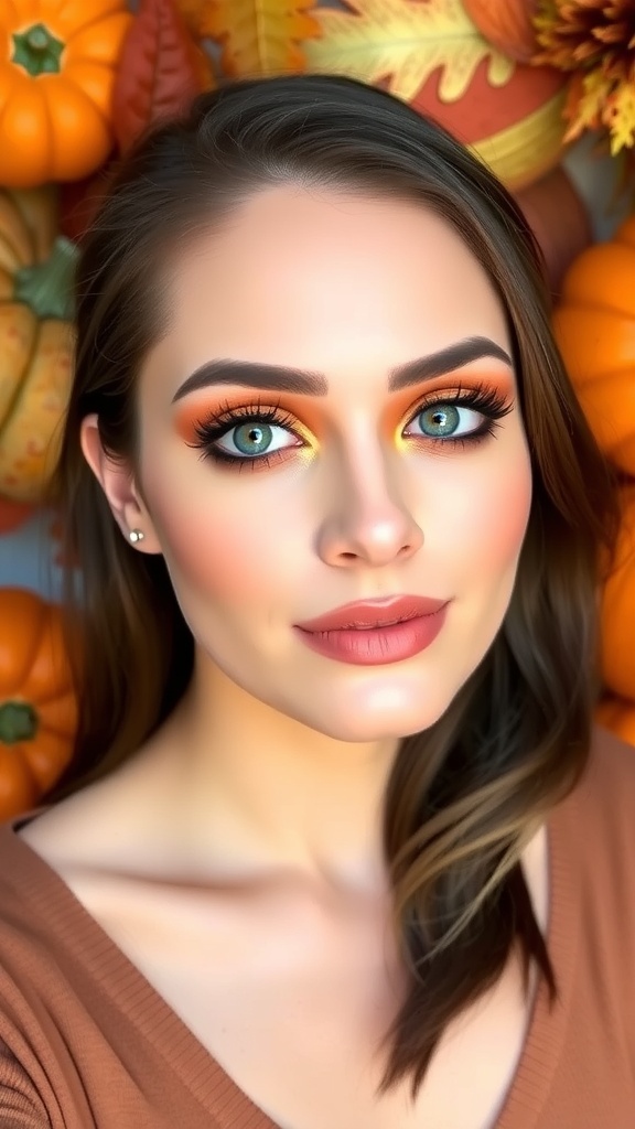 A model showcasing a pumpkin spice makeup look with orange and brown eyeshadow, gold highlights, and warm nude lips against a fall-themed backdrop.